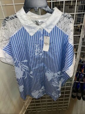 Dalin Blue & White Striped Lace-Trim Girls Blouse
